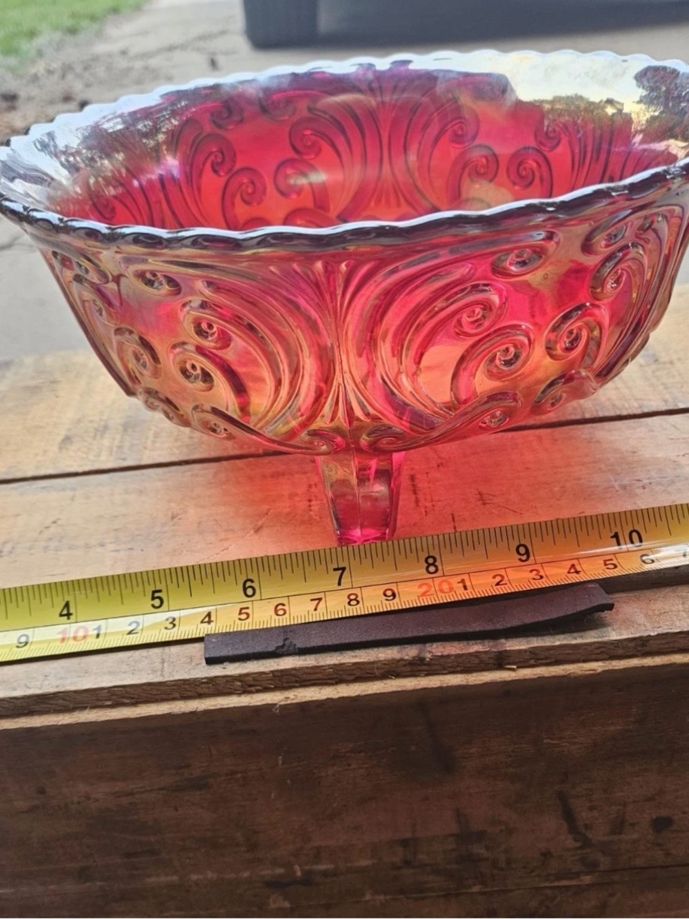 Vintage Imperial Ruby Red Carnival Glass Footed Bowl Iridescent 11" Centerpiece